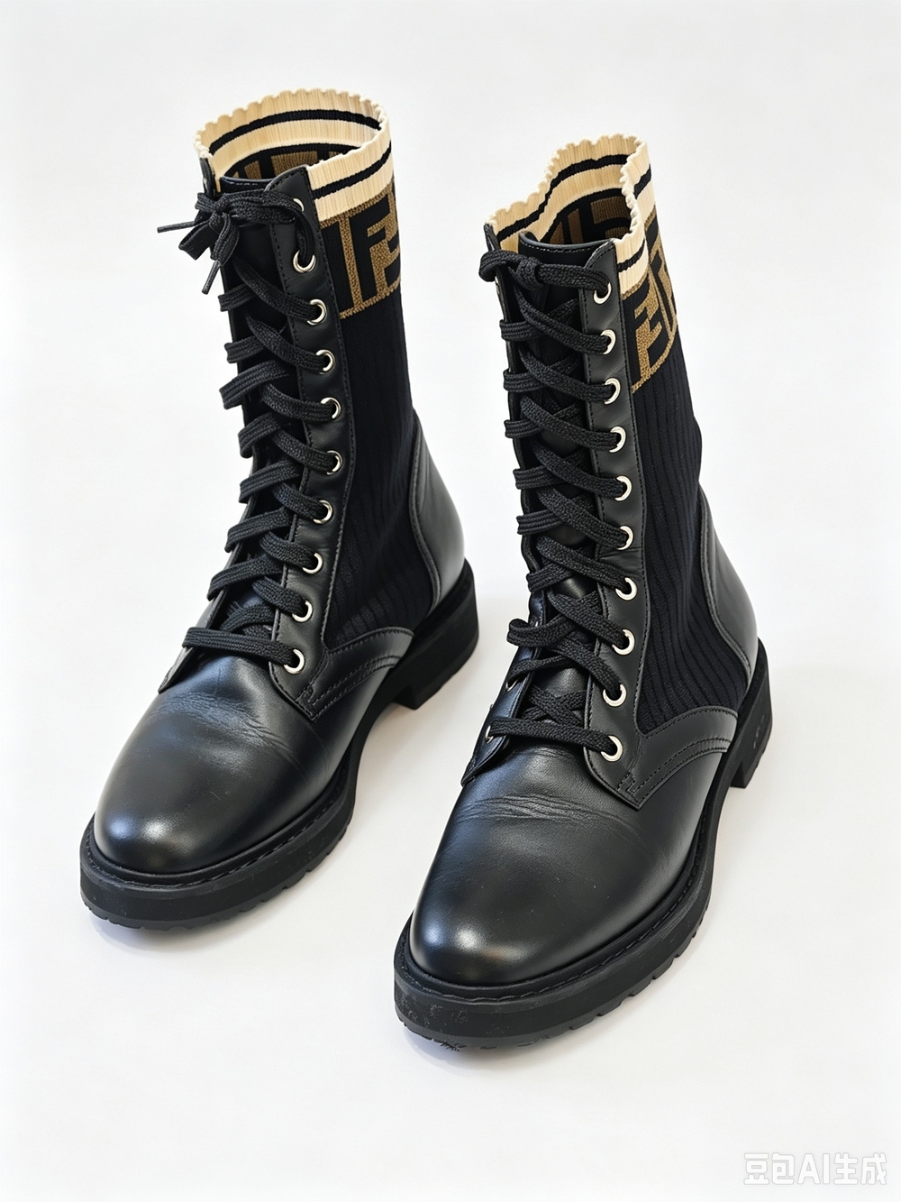 Fendi Black Leather Lace-Up Ankle Boots with Beige Logo Knit Cuff